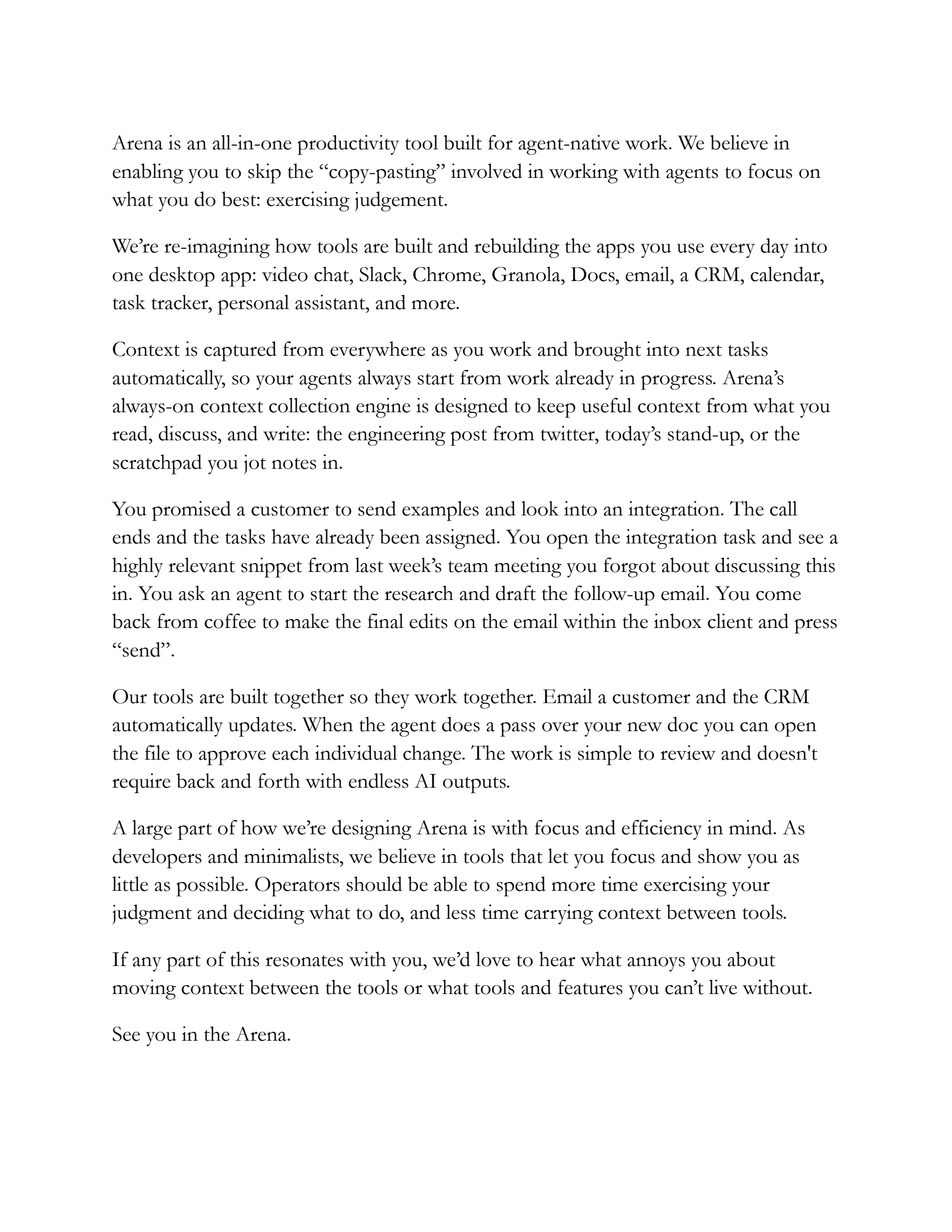 Arena one-pager, page 1